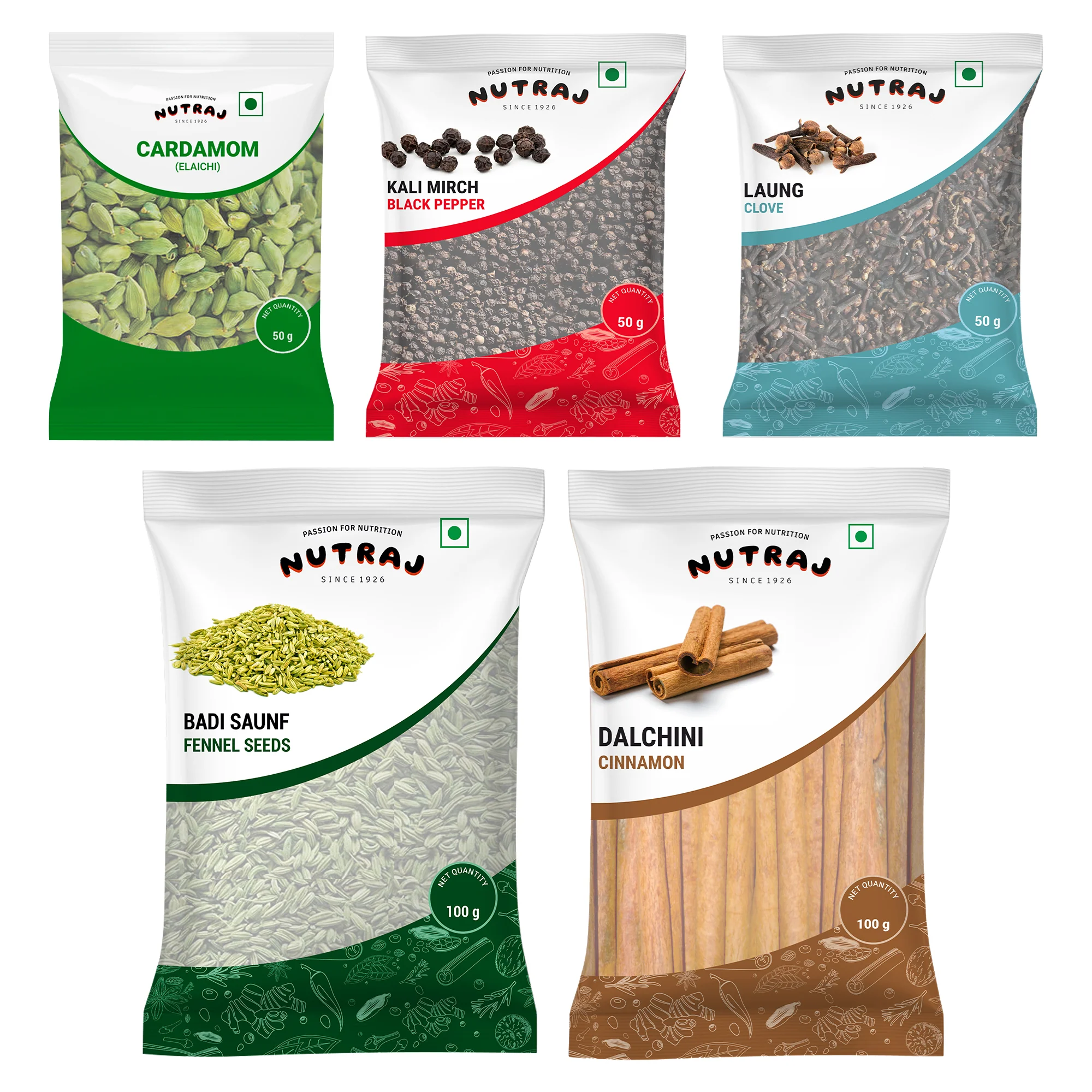 Nutraj Whole Spices 350g Combo Pack - Green Cardamom 50g, Black Pepper 50g, Clove 50g, Fennel Seeds, 100g & Cinnamon 100g