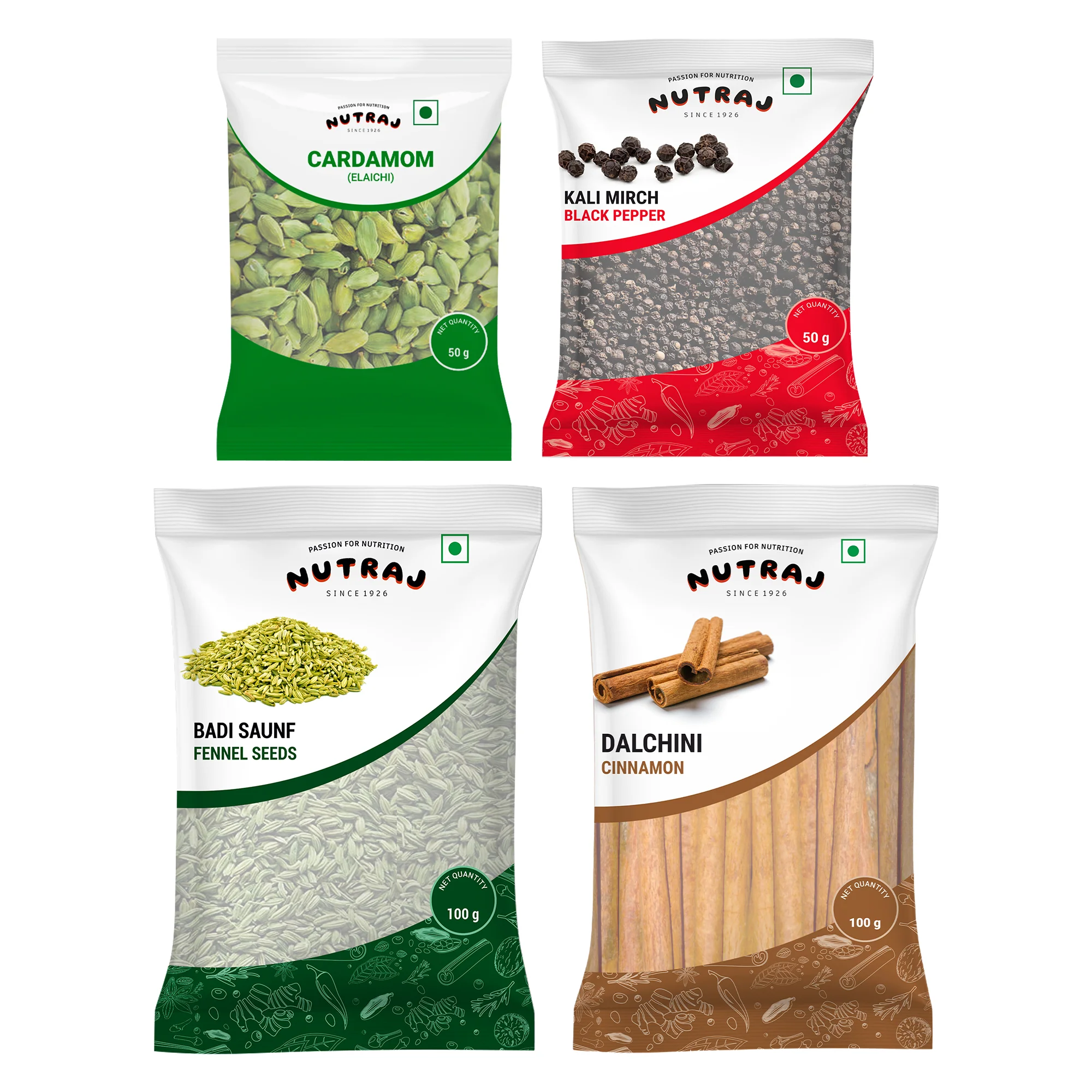 Nutraj Whole Spices 300g Combo Pack - Green Cardamom 50g, Black Pepper 50g, Fennel Seeds 100g, Cinnamon 100g