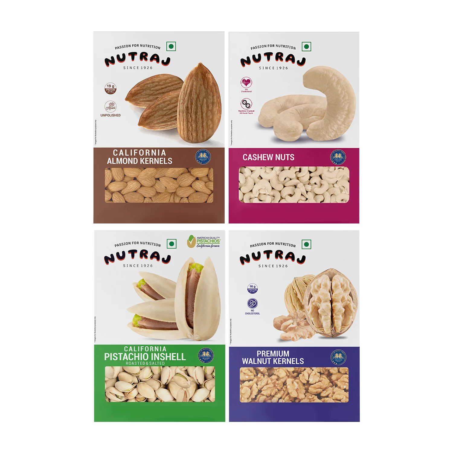 Nutraj Dry Fruits Combo 800g β Almonds, Cashews, Roasted Pista & Walnut Kernels (200g Each)