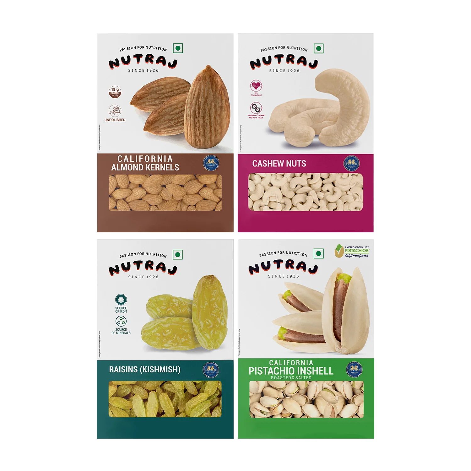 Nutraj Dry Fruits Combo 800g β Almonds, Cashews, Raisins & Roasted Pista (200g Each)