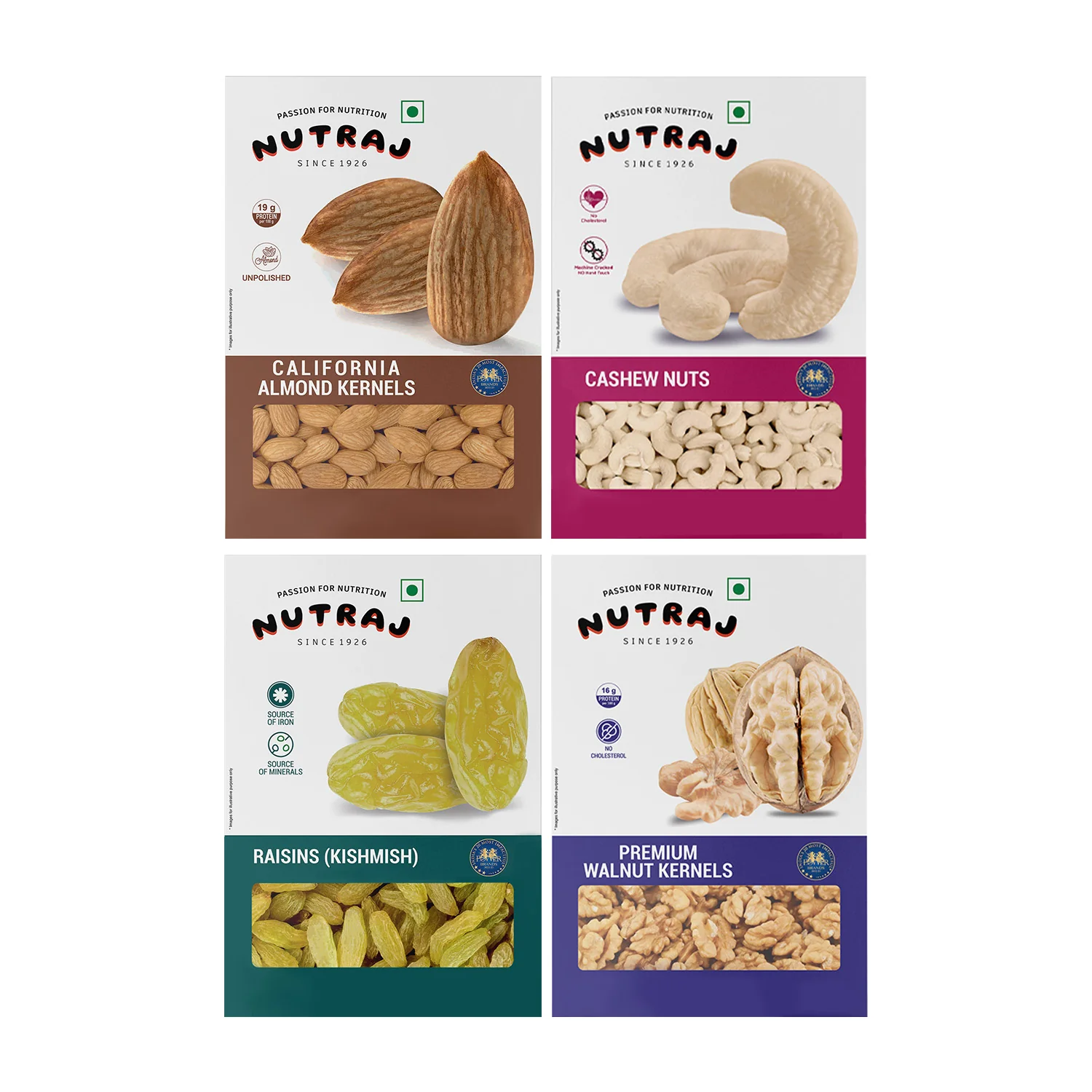 Nutraj Dry Fruits Combo 800g β Almonds, Cashews, Raisins & Walnut Kernels (200g Each)