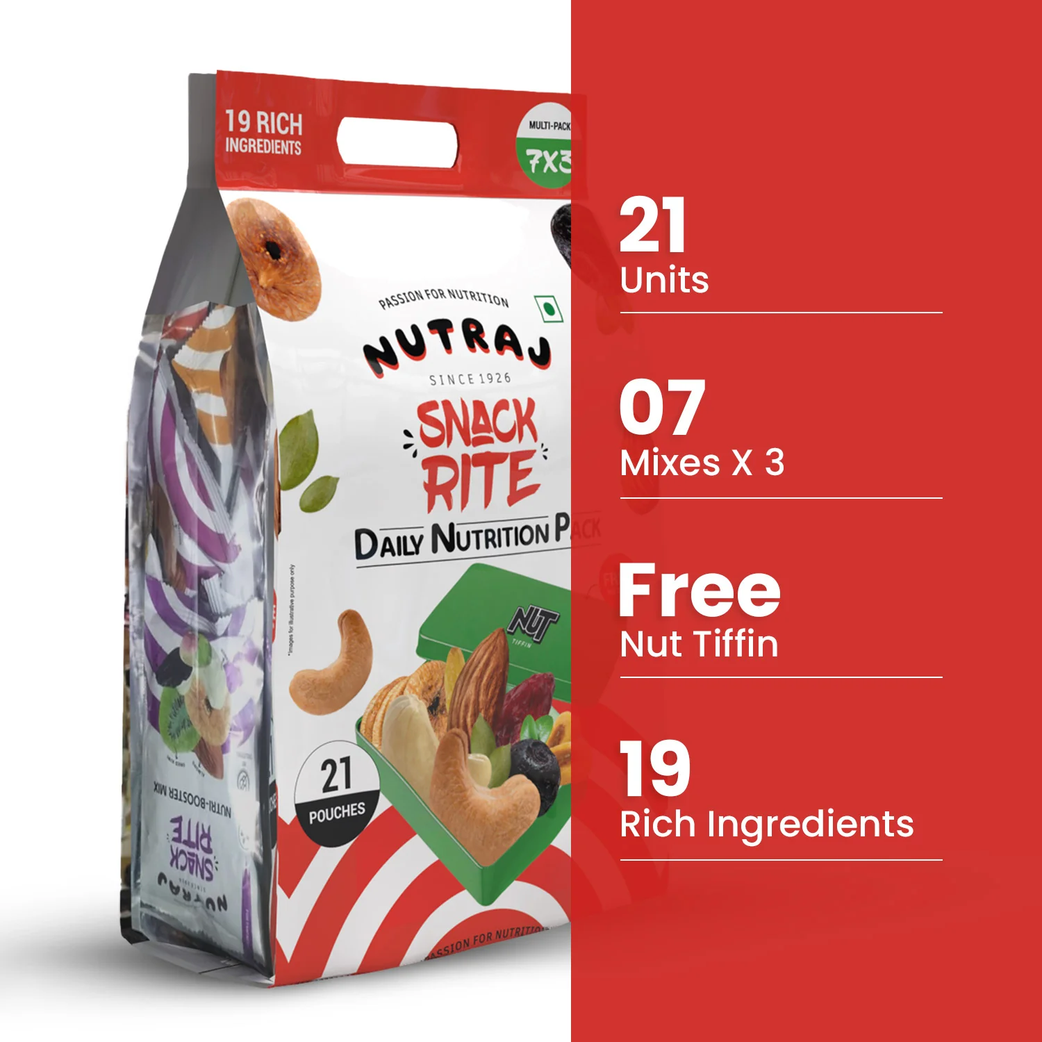 Nutraj Snackrite Trail Mix Combo: 21 Pouches, 7 Varieties + FREE Nut Tiffin (525g) - Image 4